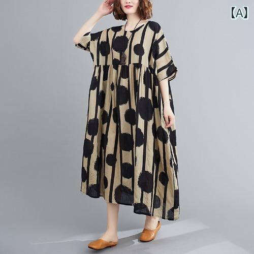 ワンピース レディース 春夏 レトロ 大きいサイズ ゆったり 体型カバー 花柄プリント 半袖 綿麻 丸首 ミモレ丈 Aライン ブラック レッド 4,500円