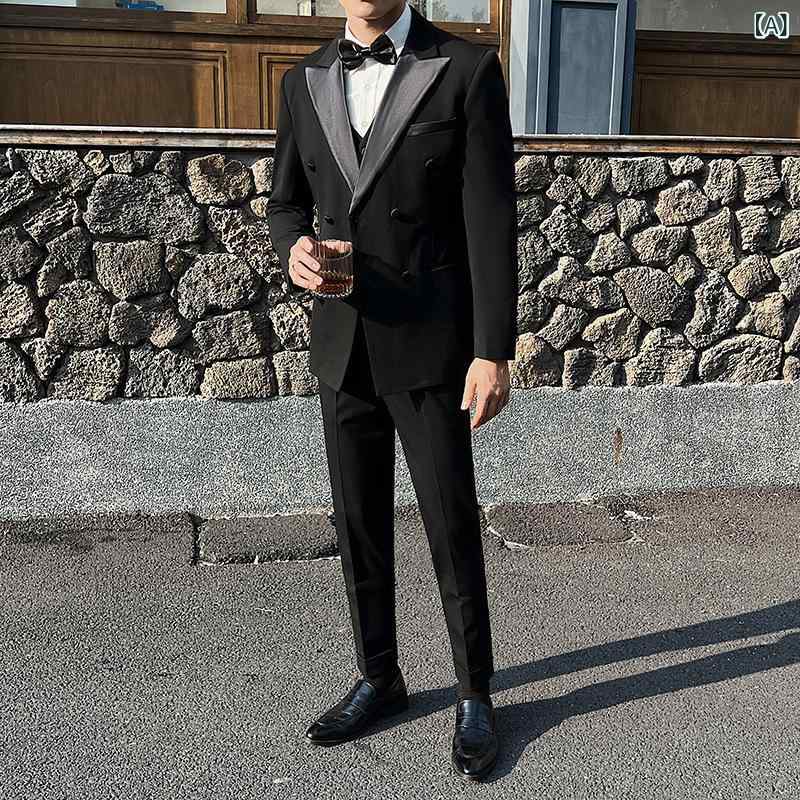 スーツ メンズ 春夏 再生繊維 混紡素材 ピークドラペル ダブルブレスト スリムフィット スリーピース セットアップ 結婚式 オフィス ビジネス フォーマル 礼服 ブラック|ラ・グラーヌ