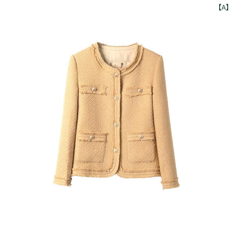 ジャケット レディース 春夏 きれいめ 上品 クラシック オフィス 通勤 ウールブレンド ツイード 編み込み キャメル 長袖 ラウンドネック｜ラ・グラーヌ