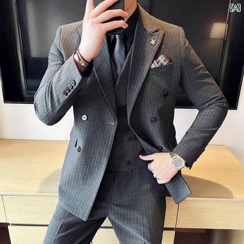 スーツ メンズ ビジネス カジュアル ストライプ フォーマル 礼装 結婚式 新郎 ダブルブレスト スリムフィット スリーピース 3点セット セットアップ イージーケア|ラ・グラーヌ