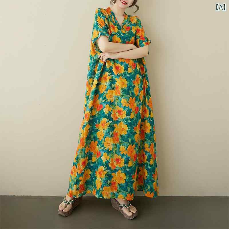 ワンピース ドレス レディース 春夏 綿麻 Vネック ボヘミアン 花柄 グリーン 大きいサイズ ゆったり 体型カバー 半袖 ミディ丈 Aライン カジュアル リゾート 通勤 普段使い
