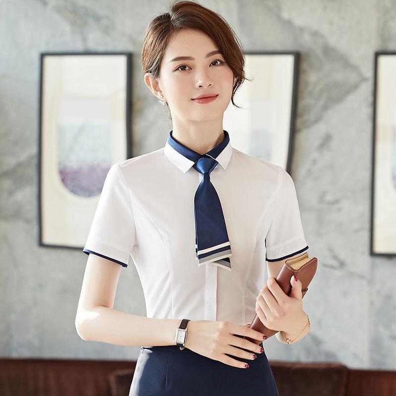 シャツ レディース シフォン ポリエステル 半袖 白 ブラウス スリムフィット 面接 リクルート ビジネス オフィス 通勤 フォーマル 事務服 きれいめ 襟付き シングルボタン 切り替え 春夏