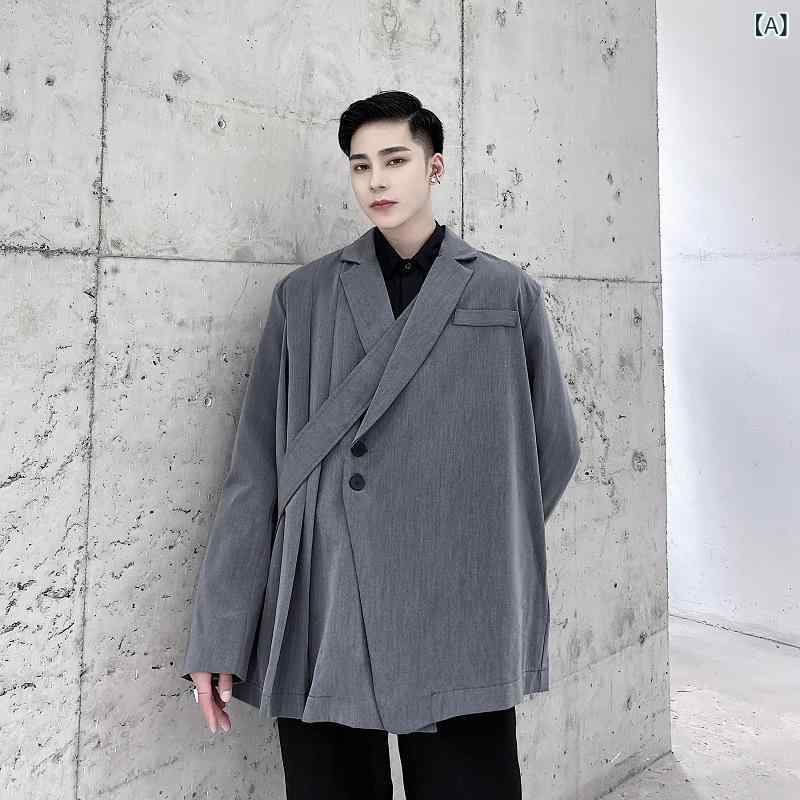 上衣 メンズ 非対称 個人的特徴派青写真 筋目 フラウンス 曲がった前合わせ 引き分け科目 厚地の外套大きさ 心地よい 表どおり 無地 ポリエステル 薄墨色 春夏