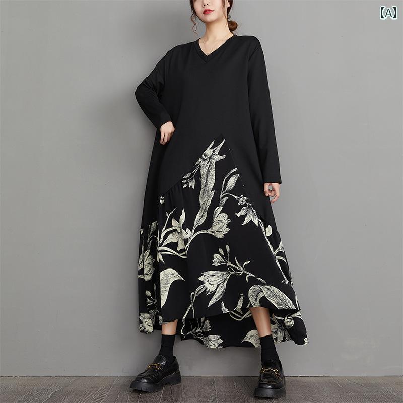 ワンピース レディース レトロ風 ロング丈 切り替え Vネック 長袖 花柄 ゆったり 細見え アシンメトリー Aライン ブラック 普段使い お出かけ きれいめ 上品 通勤 プルオーバー 秋冬｜ラ・グラーヌ