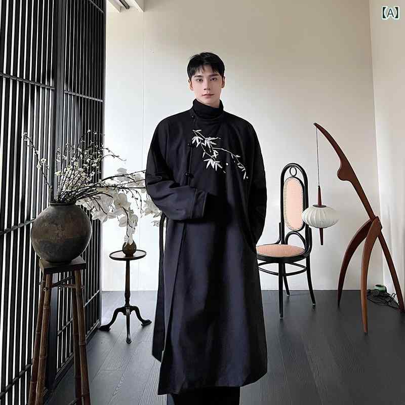 コート メンズ 中国風 モダンチャイニーズスタイル 竹 花柄刺・墸 斜め合わせ襟 スタンドカラー シングルブレスト 膝下丈 オーバーサイズ ゆったり ウールメルトン ポリエステル アウター 冬 ブラック｜ラ・グラーヌ