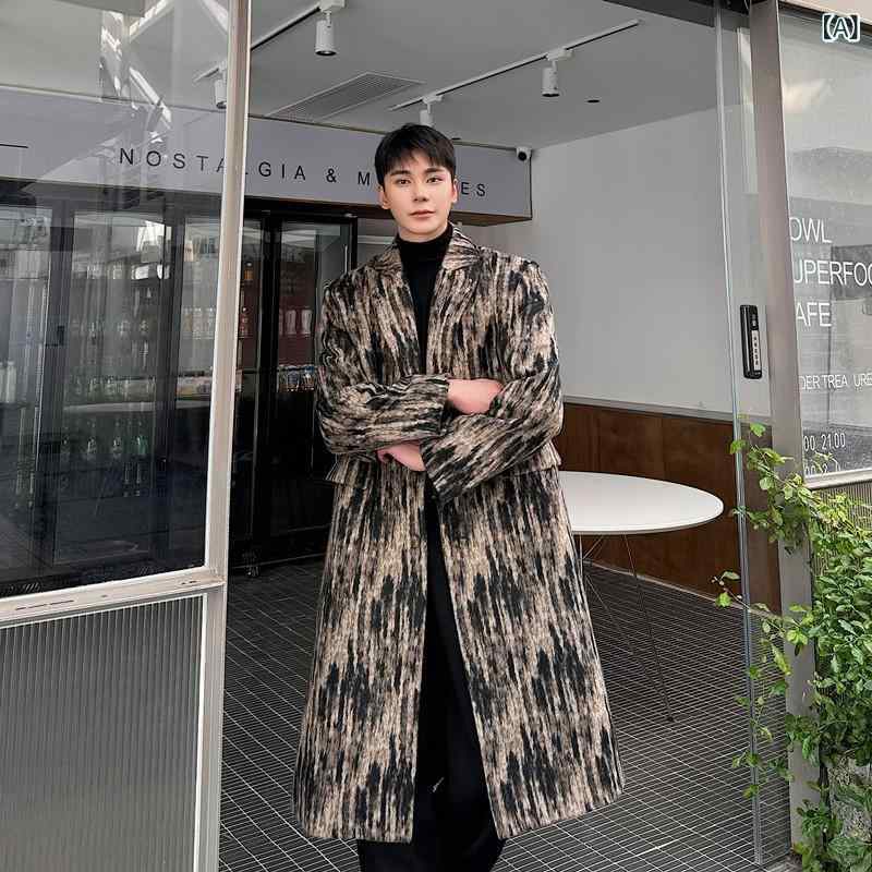 厚地の外套 メンズ 韓国風 成年者 今めかしい ロング丈 テーラードカラー グラデーション色つや ポリエステル フェイクウール ゆったり 冬 秋冬 アウター 防寒