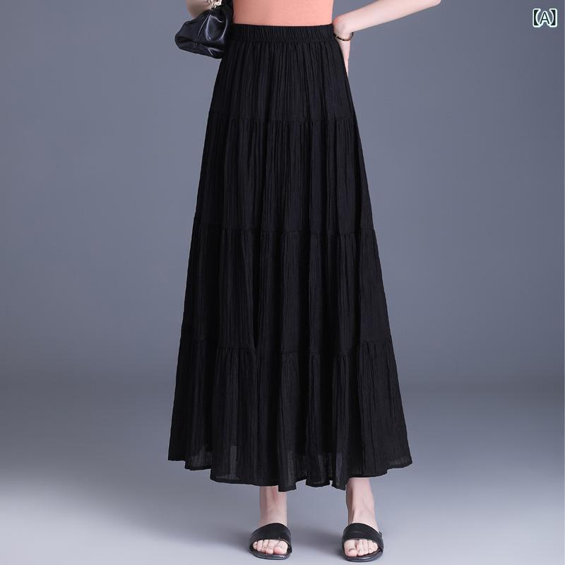 スカート レディース 春夏 キュプラ 薄手 プリーツ ティアード ロング丈 ハイウエスト Aライン 落ち感 着痩せ エレガント 通勤 オフィス 黒 白