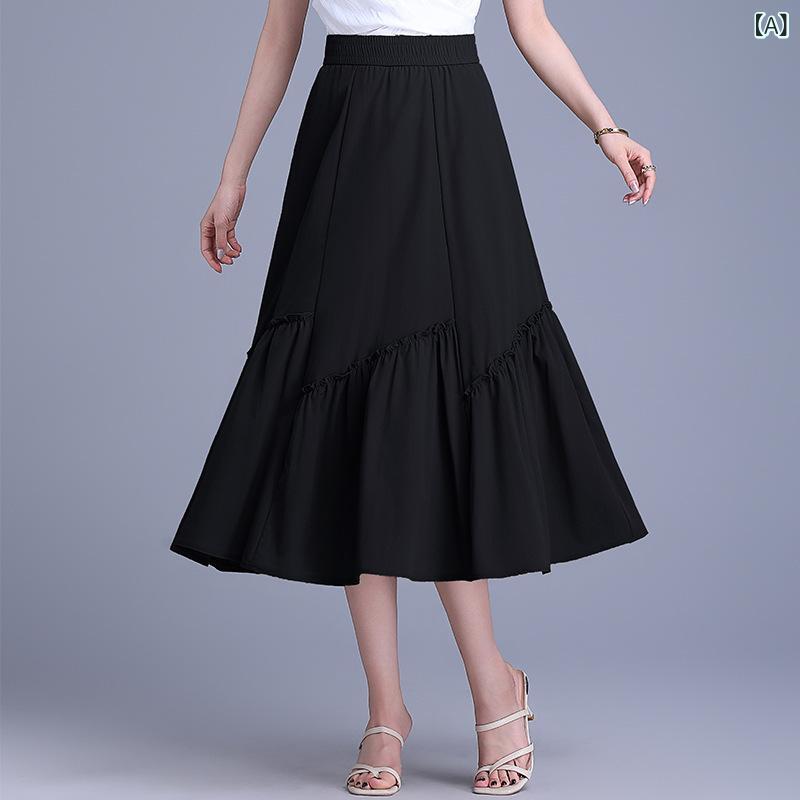 スカート レディース 春夏 薄手 プリーツ Aライン ミモレ丈 フレア ウエストゴム ハイウエスト フリル メローフリル 着痩せ 細見え スタイルアップ 若見え 上品 エレガント きれいめ 無地 ポリエステル 微ストレッチ 通勤 オフィス