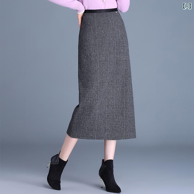 スカート レディース 女性用 グレー 灰色 秋冬 ハイウエスト スリット ミディ丈 ミモレ丈 ストレート タイト ペンシルスカート ポリエステル ストレッチ 通勤 オフィス きれいめ 上品