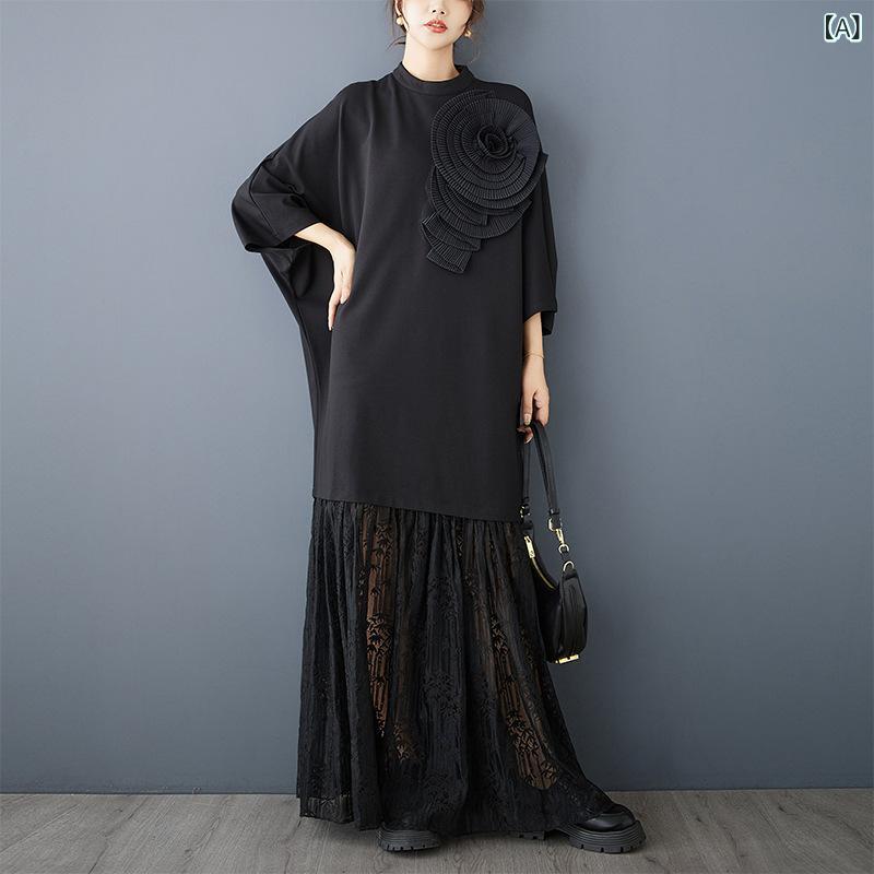 衣装 お召しもの レディース ゆったり 伸び伸びする填まる 流行り物青写真 立体御花 スピード競技 うつり変わり ハイネック ティーシャツ 雅びやか 雅びやか 細押し出し 着痩せ成り行き 普段使い走り お出かけ 黒 黒いこと 年月