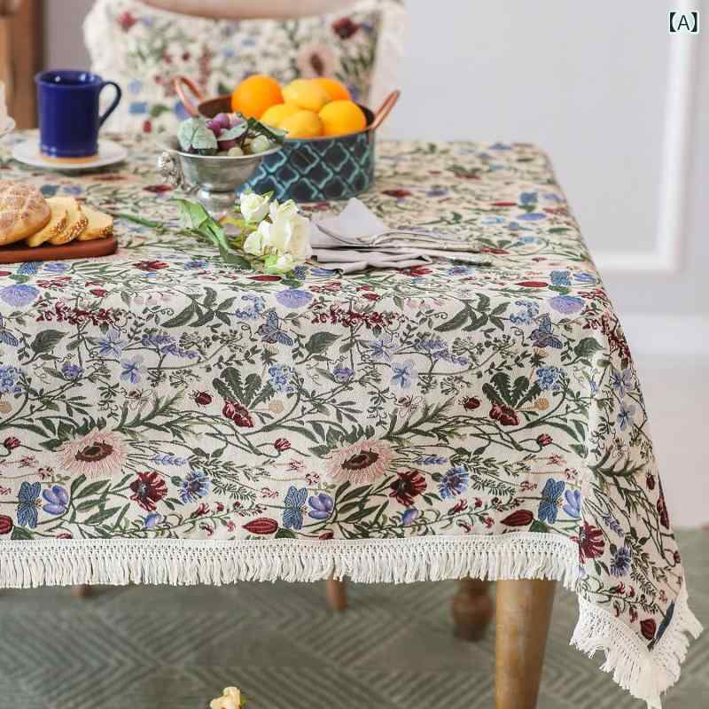 テーブルクロス カントリー調 レトロ風 ダリア柄 油絵風 刺繍 綿麻 リネン 食卓 ティーテーブル ダイニング パーティー アウトドア 防塵加工 長方形