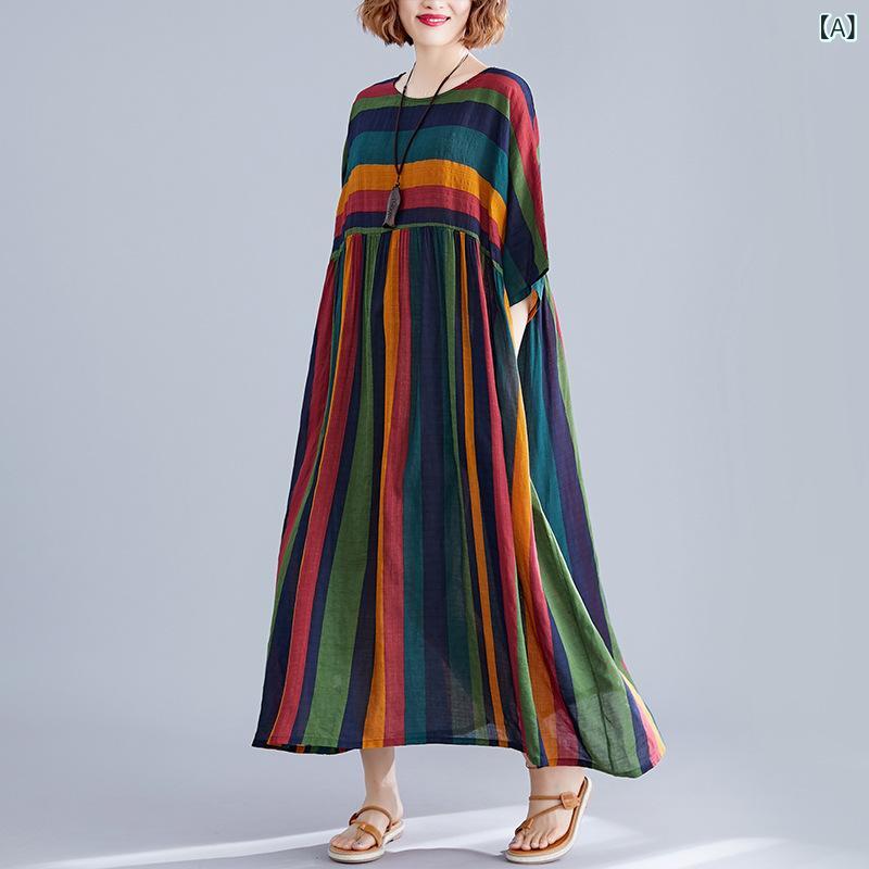 ワンピース レディース 春夏 マルチカラー ストライプ柄 ゆったり 体型カバー ラウンドネック 半袖 ロング丈 マキシ丈 Aライン フレア ポケット付き 綿混紡 レーヨン カジュアル リラックス レトロ