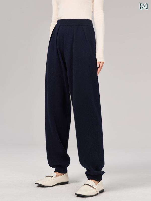 パンツ レディース 秋冬 中高ウエスト 保温 ウール混 コットン混 ゆったり ワイド リラックス プリーツ タック ジョガー ロング丈 ウォッシャブル 微ストレッチ カジュアル 普段使い 快適｜ラ・グラーヌ