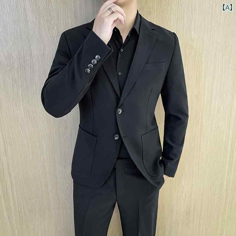 背広 メンズ 成人男性用 か細い嵌まる 歳月 連合王国風 韓国流行り物 流行り 兄ちゃん向け 背広 セットアップ 商行為 フォーマル 事務室 通い 華燭の典 寄り合い 黒いこと ノッチドラペル 化繊混紡 アセテート混 メンズファッション-スーツ