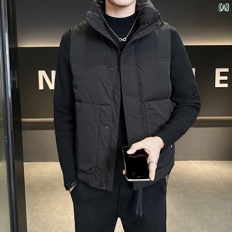 ダウンベスト メンズ 男性用 秋冬 立襟 スタンドカラー グレーダックダウン 厚手 保温 防寒 フルジップ 無地 カジュアル アウター 普段使い 重ね着 ブラック コーヒーブラウン カーキグリーン｜ラ・グラーヌ