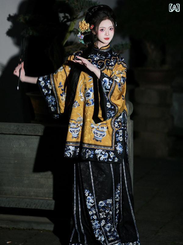 漢服 お上さん用 清朝風 青花瀬戸もの柄刷り上げる 馬面スコート セットアップ 大時代 レトロ アンティーク風 ヴィンテージ風 エスニック 晴れ晴れしい 普段使い走り でき事 一こまお召しもの