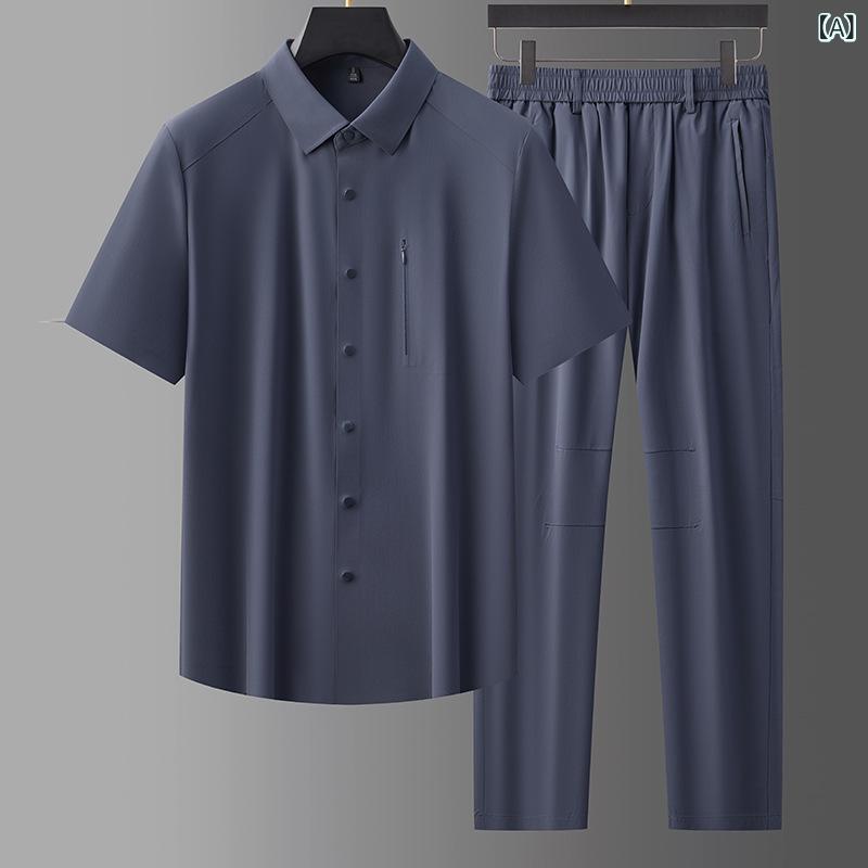 セットアップ メンズ 高ストレッチ 伸縮性 無地 半袖シャツ トップス ロングパンツ 長ズボン 2点セット 無縫製 ボンディング加工 接触冷感 カジュアル スポーツ ビジネス 通勤 大人用 夏 再生繊維 定番カラー｜ラ・グラーヌ