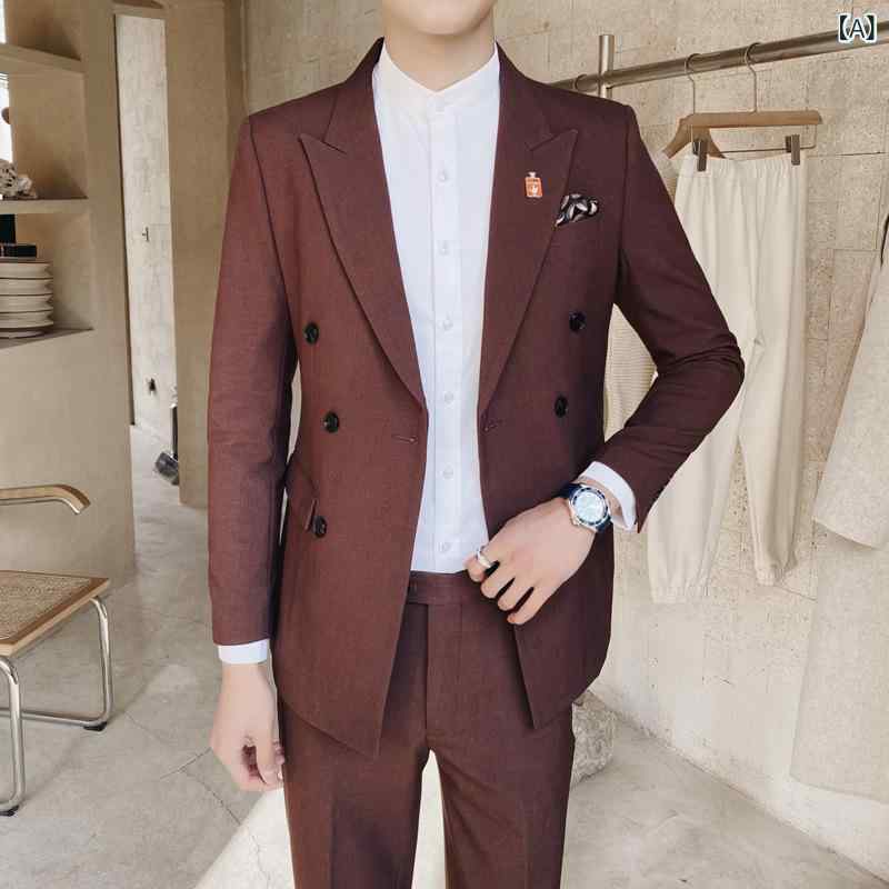 スーツ メンズ ツーピース スリムフィット タキシード 結婚式 ビジネス フォーマル パーティー ダブルブレスト ノッチドラペル センターベント 綿混 アセテート|ラ・グラーヌ