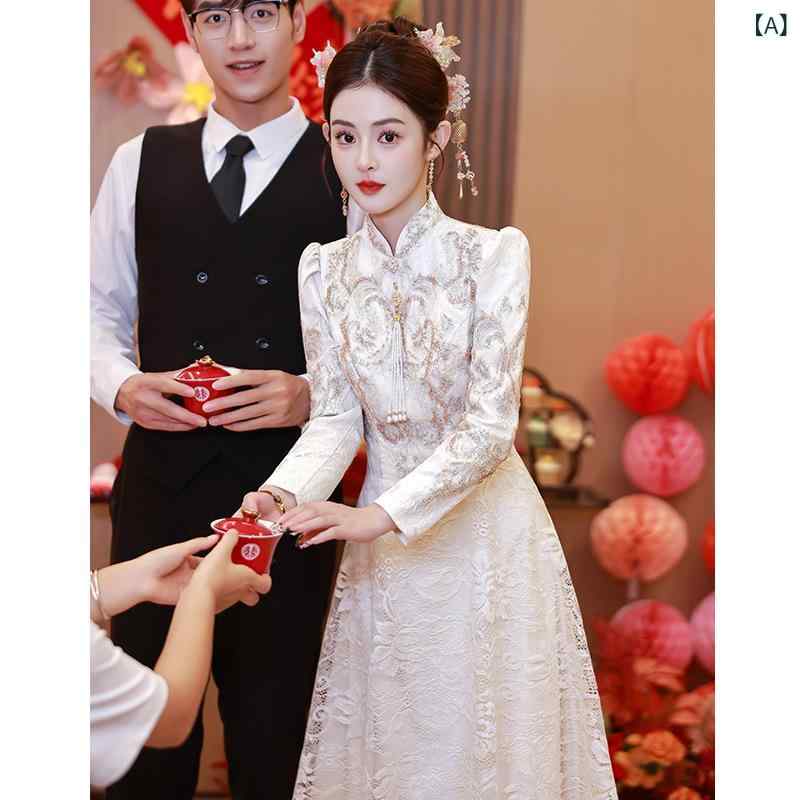 チャイナドレス レディース 長袖 ロング丈 結婚式 披露宴 婚約 二次会 パーティー 発表会 演奏会 お呼ばれ レース 切り替え シャンパンカラー 上品 エレガント ハイウエスト プリンセスライン お色直し 春夏|ラ・グラーヌ