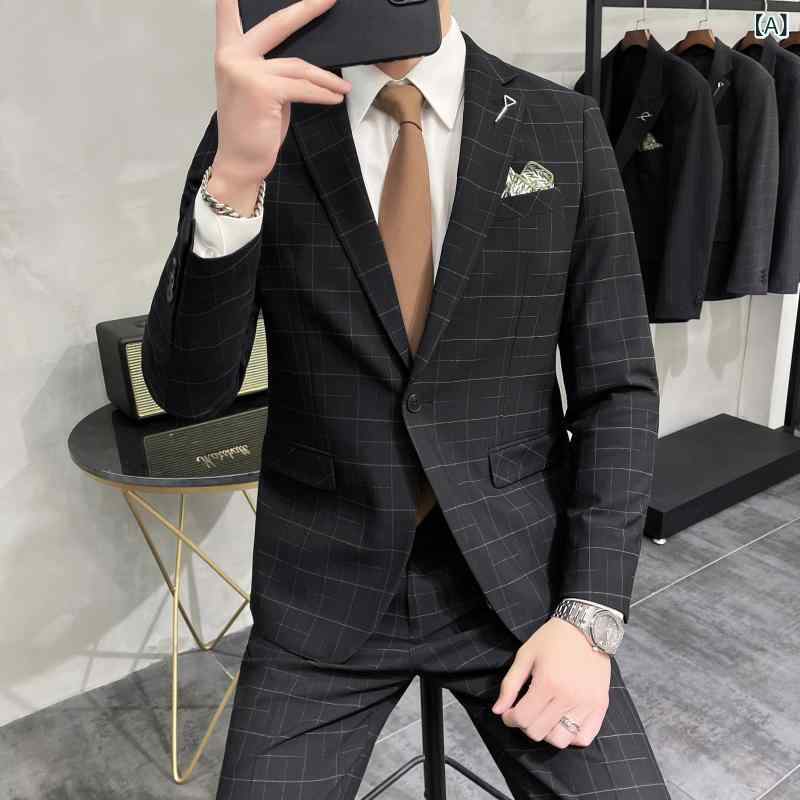 スーツ メンズ セットアップ 男性用 高級感 チェック柄 ストライプ柄 2点セット スリムフィット カジュアル ビジネス フォーマル 春夏 結婚式 二次会 パーティー ゲスト|ラ・グラーヌ