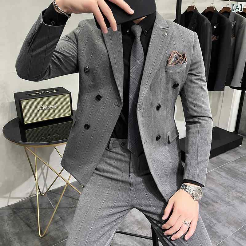 スーツ メンズ 秋冬 厚手 ダブルブレスト ワイドストライプ ビジネス フォーマル 結婚式 披露宴 通勤 出張 スリムフィット 混紡素材 グレー系 2点セット｜ラ・グラーヌ