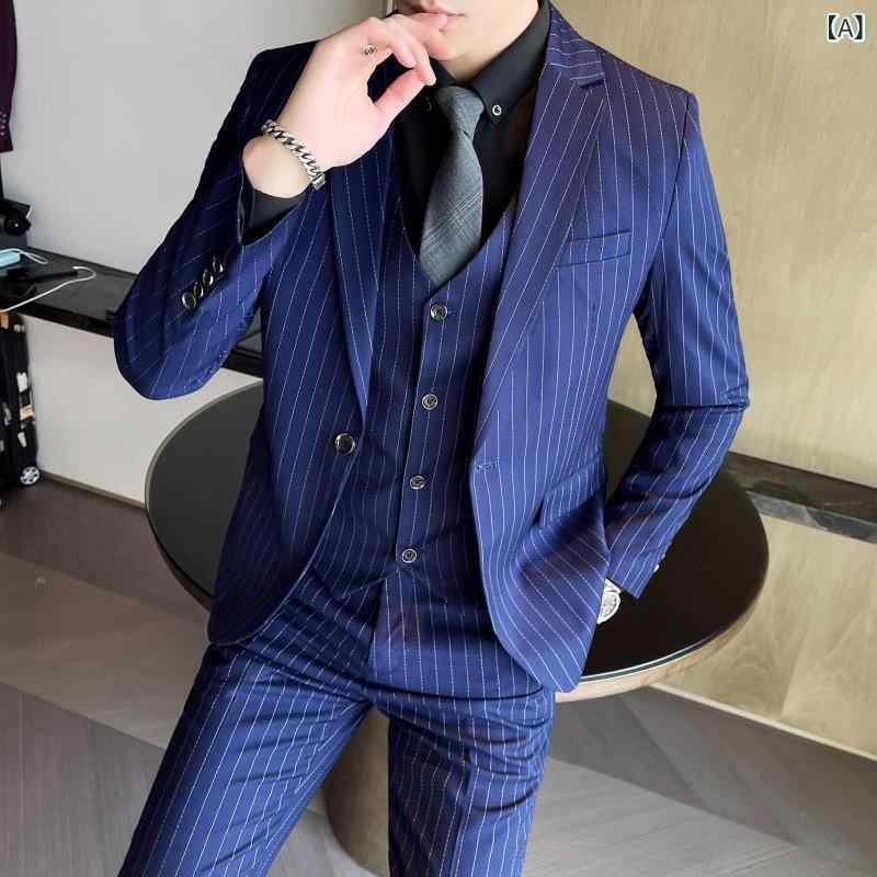 スーツ メンズ 男性用 ビジネス 紳士服 スリーピース セットアップ ストライプ柄 シングルブレスト 1つボタン スリムフィット ノッチドラペル センターベント 礼服 タキシード 舞台衣装 司会 フォーマル 宴会 パーティー 結婚式 化繊混紡｜ラ・グラーヌ