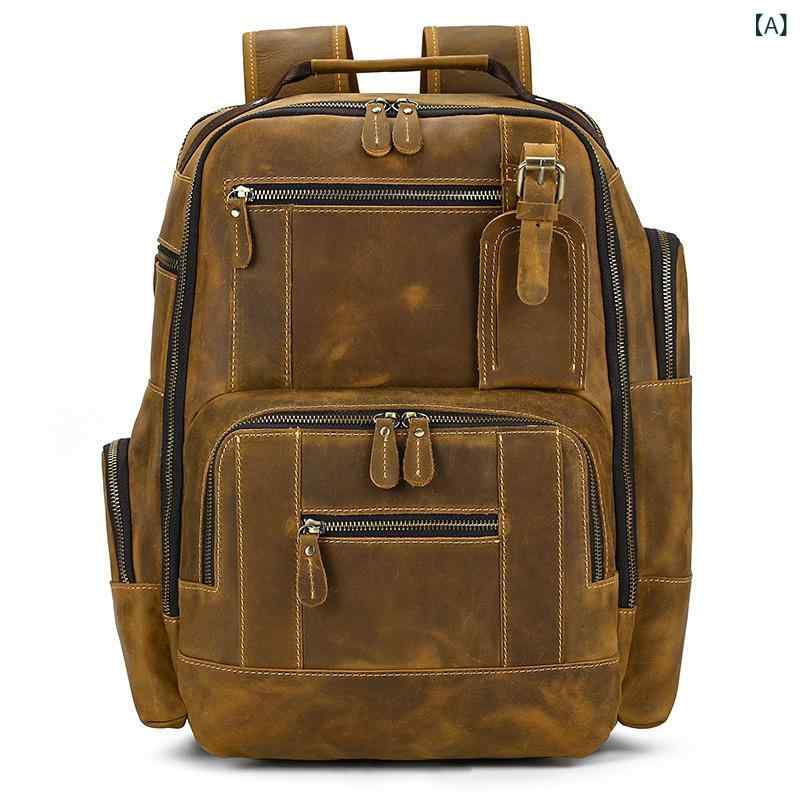 バックパック メンズ レトロ 本革 大容量 リュックサック 牛革 旅行用 学生用 ノートPC収納 50cm 通気性 防水 耐摩耗 耐衝撃 軽量 曲線肩紐 無地 ステッチ ストリート ビジネス出張対応|ラ・グラーヌ