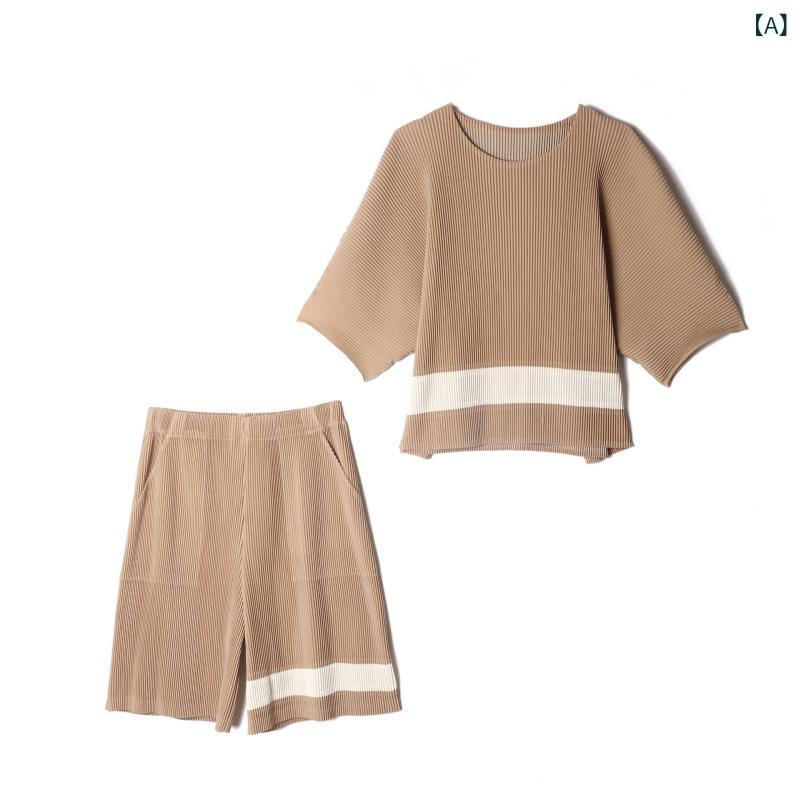 Tシャツ レディース 夏 ゆったり 短袖 バットスリーブ プリーツ 無地 ポリエステル クルーネック プルオーバー カーキ パープル ミントグリーン グリーン リラックス デザイン｜ラ・グラーヌ