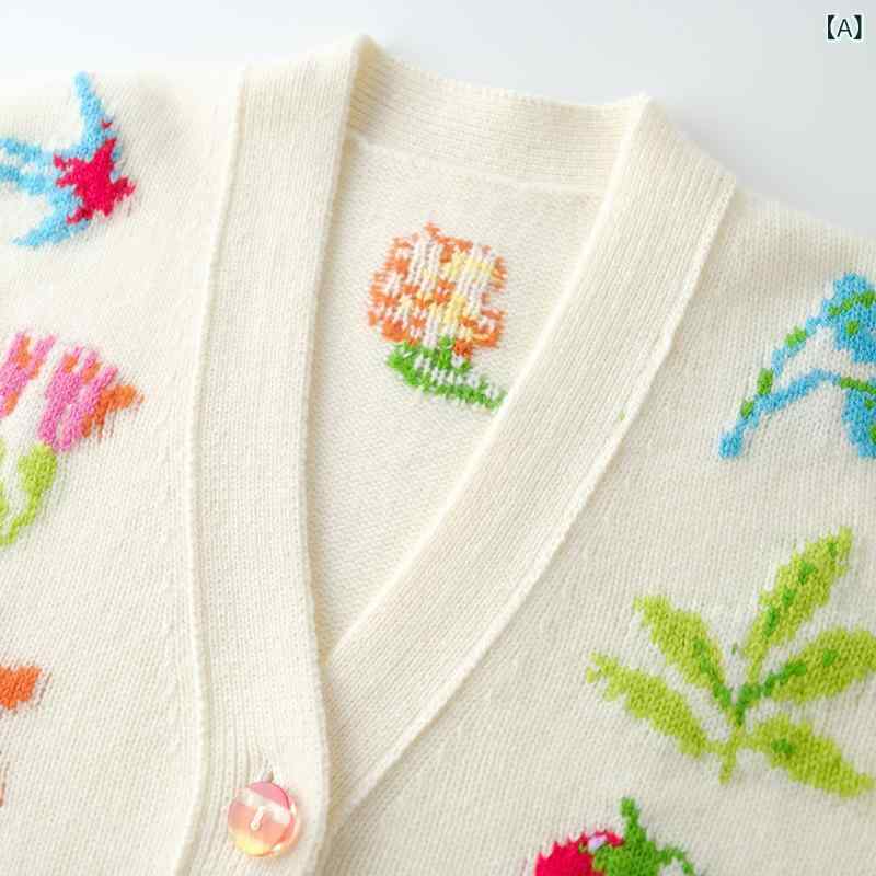 ニットカーディガン レディース Vネック ゆったりシルエット 立体刺繍 植物フラワー柄 厚手暖か 長袖 白 カシミヤ素材 ミドル丈 春夏 ルーズフィット プリーツ加工 韓国風カジュアル 接触冷感 再生繊維｜ラ・グラーヌ