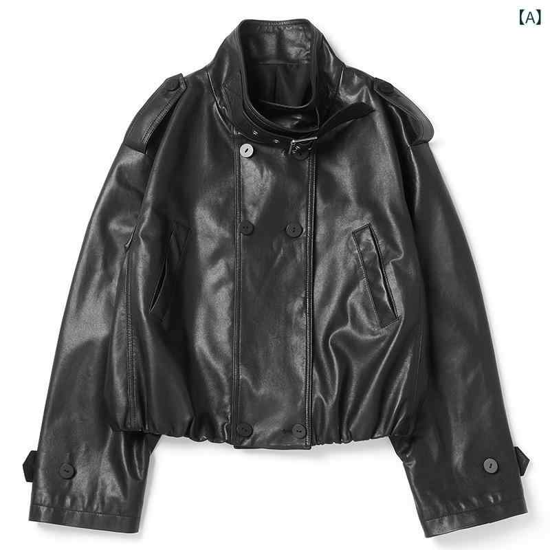 本革上衣 レディース 羊革原料品 黒色つや 長袖ひな形 ダブル乳ぶさ ゆったり濫りがわしい うつり変わり編み目 ラペル襟 真っただ中丈 春夏寄せあわせ 細工物心地よい 日常使い走り