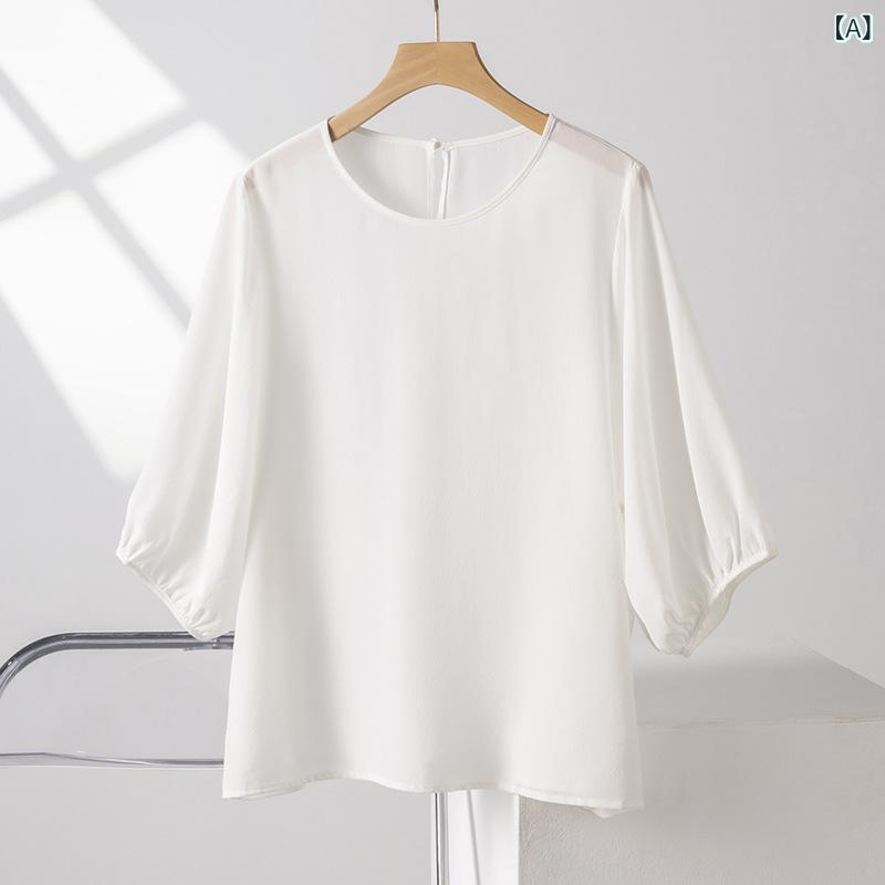 Tシャツ レディース 桑蚕絲シルク ショートスリーブ 夏用 単色 クルーネック 厚手 ランタンスリーブ ゆったりカジュアル プルオーバー 接触冷感 アイスクリームカラー 白 ピンク ブルー ソフト素材 軽やか 日常使い 気質スタイル｜ラ・グラーヌ