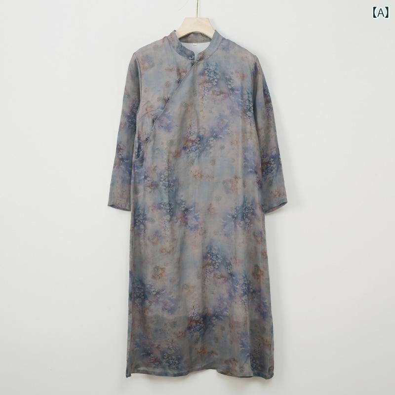 衣装 レディース 春夏 瀬戸ものお召しもの 組み換える型 カラムシ原料品 花柄刷り上げる A生産ライン 中長丈 照明ランプ色合い 長袖 ルーズフィット 返り咲き風 奥ゆかしい表現スタイル