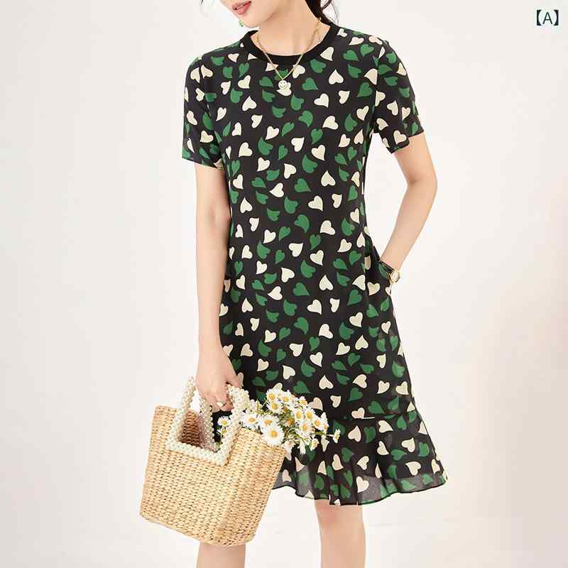 衣装 レディース 夏 対比色合い ハート型刷り上げる 小花柄 絹地原料品 ゆったり A生産ライン 短袖 丸首 中丈 体型押しかぶせる 痩せ押し出し 精神状態雅びやか