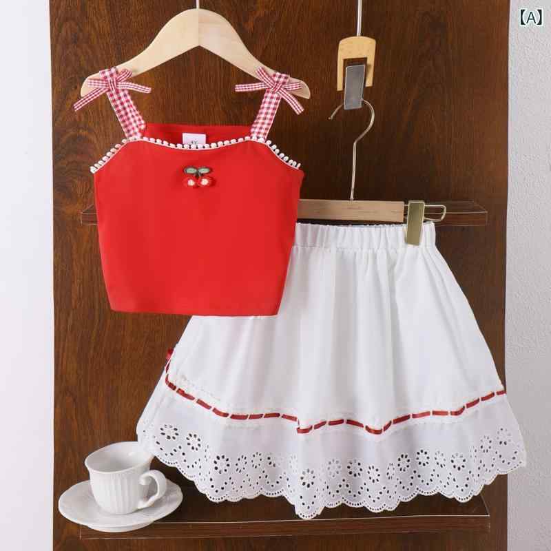 お嬢さん ちびっ子服 夏用 つがい結び 吊り下げキャミソール 小っちゃいスコート 2点書き割り 綿織物混紡 薄っぺら 無袖 パステル色の原料品 欧米風 ひな形 口さかしいな着心地 中小大きさ相応う 実用的 日常使い走り