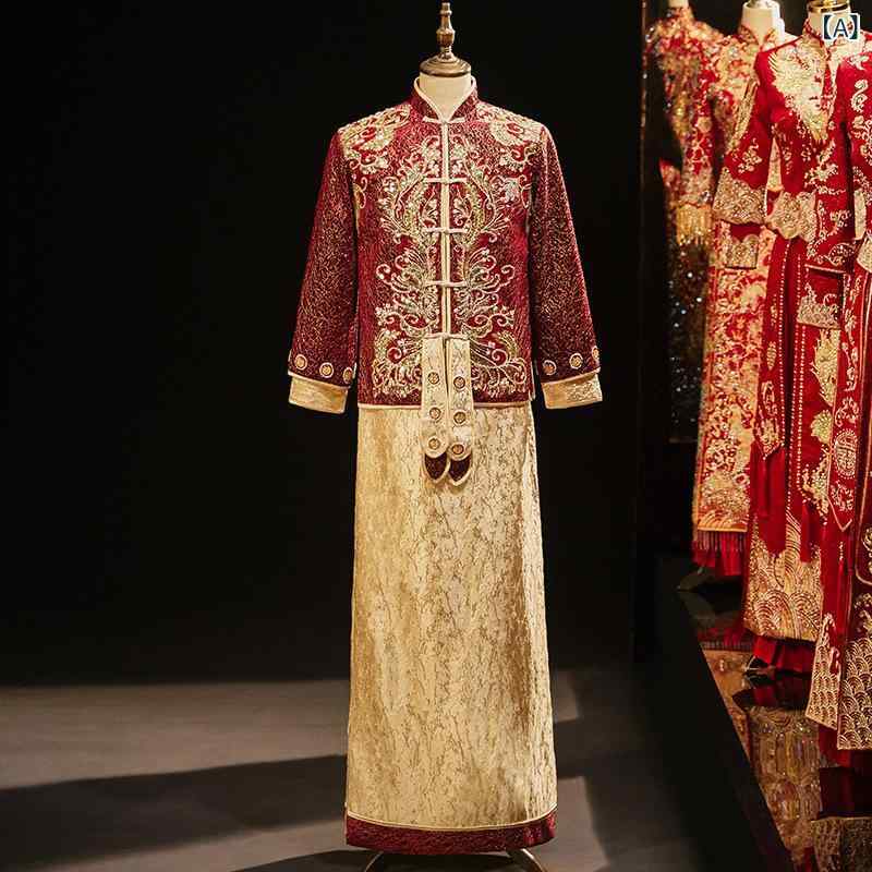 ウェディング メンズ 中華礼服 龍鳳刺繍 ビーズ装飾 サテン生地 復古デザイン 結婚敬酒用 刺繍加工 提花柄 ポリエステル素材 フォーマルウェア 伝統スタイル タキシード代替 セレモニー衣装｜ラ・グラーヌ 8,529円