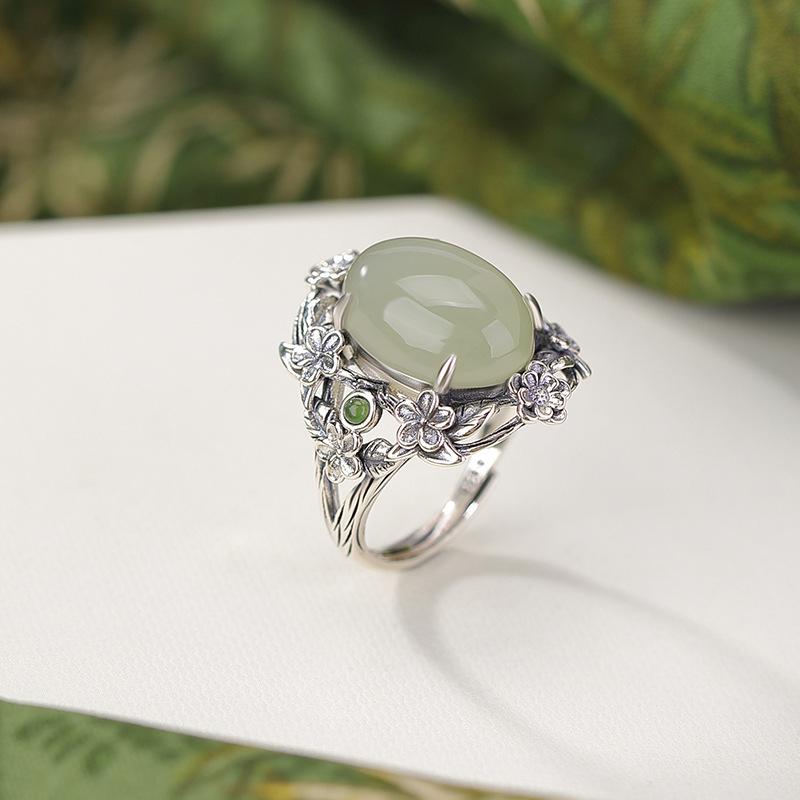 指輪 レディース 純銀リング 天然石 卵型カット 花のモチーフ 藤蔓パターン 透かし彫り加工 花びらデザイン 復古風スタイル 春夏向け 開口型 サイズフリー 女性用アクセサリー 芸術的な手飾り|ラ・グラーヌ