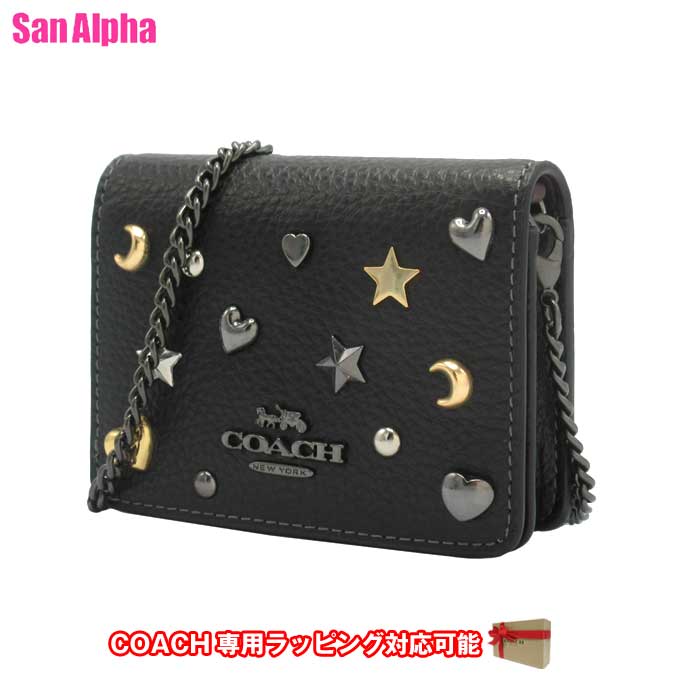 コーチ 財布 二つ折り財布 (小銭入れ無し) COACH MINI WALLET レザー リベット チェーンストラップ付き ミニ財布 CCI79 QB/M2 (ブラック マルチ) アウトレット レディース 送料無料