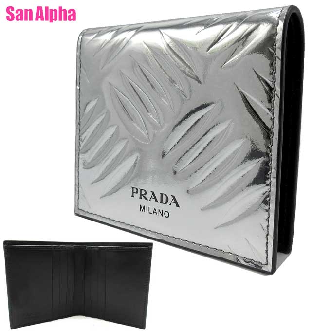 【新品 ギャランティー付き】 PRADA プラダ 二つ折り財布 シルバーロゴ 新品 ギャランティー付き】 PRADA プラダ 二つ折り財布 シルバー