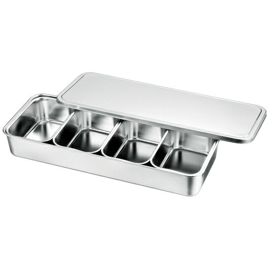 18-8ステンレス 大型調味料入バット4ヶ入(横長型)(66904)フタ付 488&times;193mm 厨房用品 業務用 中子 屋台 薬味入れ 具材 小分け 小料理 調味料バット4個 SUS304 赤川器物【日本製】｜キッチン雑貨のパレット燕三条本店