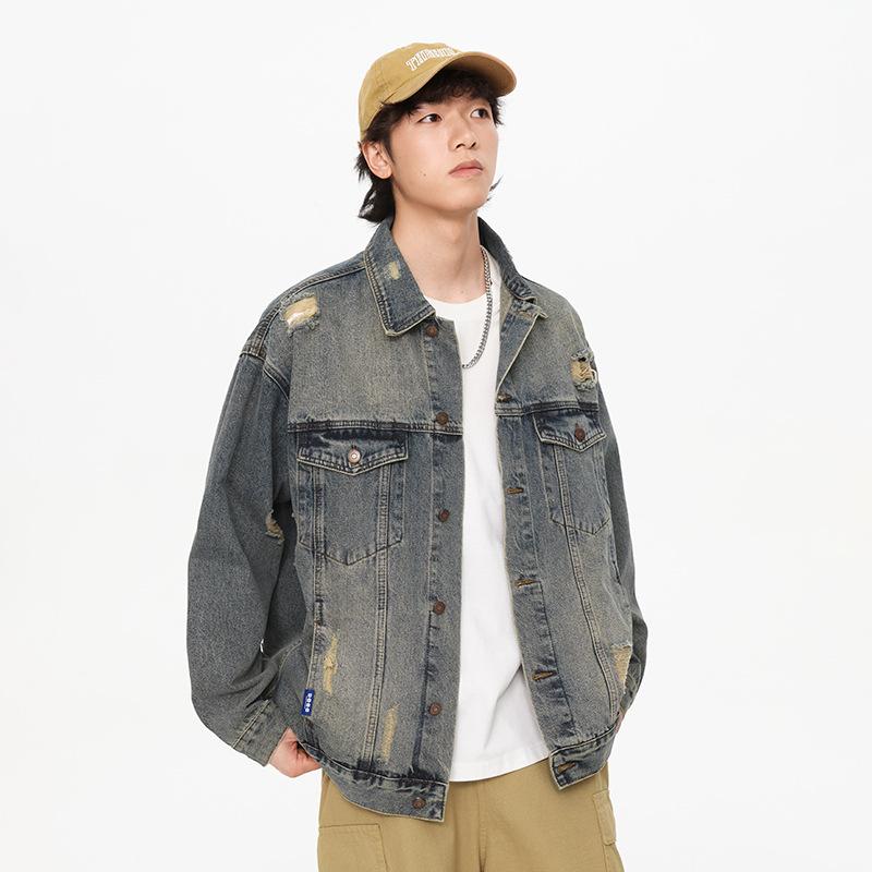 ジャケット 男性用 デニム ブルゾン 秋冬 ストリート カジュアル レトロ ダメージ加工 ポケット 多数 ブルー 綿｜ラシャンスショップ 8,089円