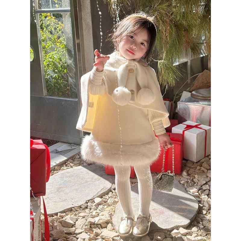 子供服 女の子 毛・希 ケープ コート ワンピース セット 春秋 かわいい ミルクティーカラー 厚手 裏地付き 発表会 普段着｜ラシャンスショップ