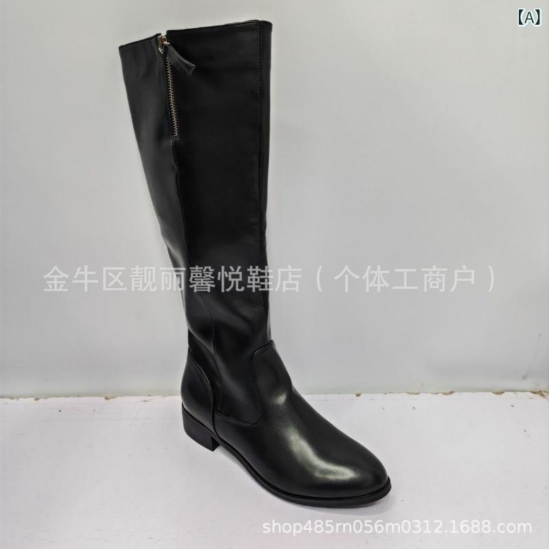 ブーツ レディース 大きいサイズ 高筒ブーツ ニーハイブーツ ジョッキーブーツ ローヒール 35-43サイズ 秋冬 春 レザー 切り替え ラウンドトゥ 履きやすい 滑り止め あったか カジュアル 普段使い｜ラシャンスショップ