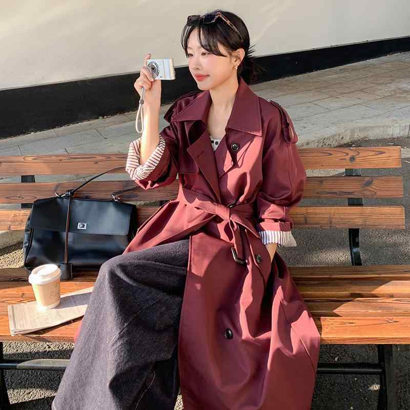 コート レディース 春秋冬 韓国風 トレンチコート ミドル丈 ゆったり 体型カバー おしゃれ アウター ワインレッド ポロ襟 長袖 ポリエステル 無地 英国風 きれいめ 通勤｜ラシャンスショップ