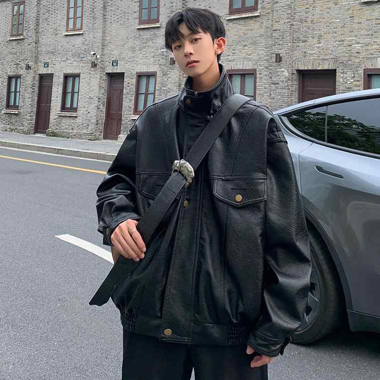 ジャケット 男性用 ライダース PUレザー ブラック系 秋冬 ショート丈 立襟 ゆったり 多ポケット｜ラシャンスショップ 8,839円