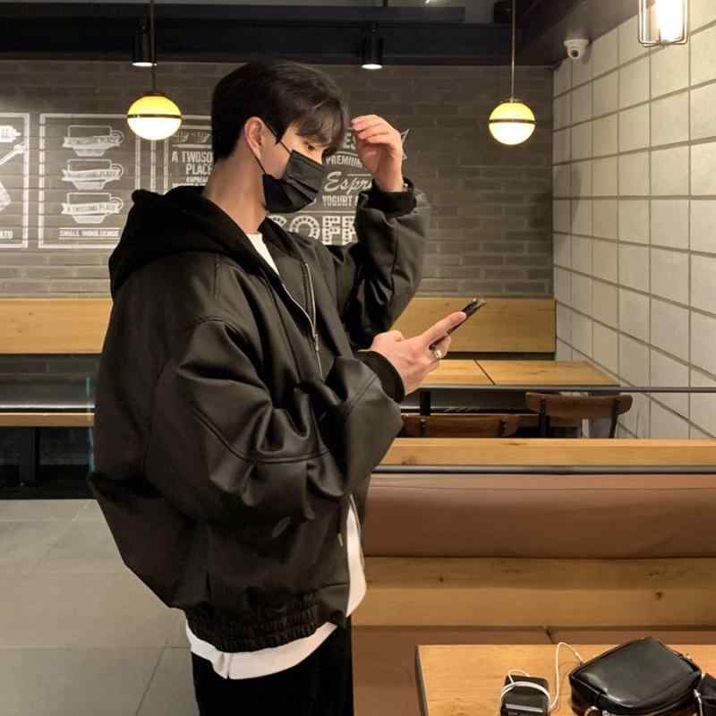 ジャケット 男性用 秋冬 韓国風 ゆったり フード付き フェイクレザー ブラック ダークブラウン M L XL 2XL レザージャケット|ラシャンスショップ