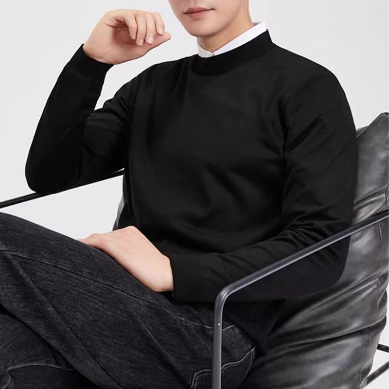 ニット メンズ 男性用 トップス 丸首 長袖 薄手 洗える ウール100% 春秋 黒 ブラック 深灰 ダークグレー 紫 パープル M L XL 2XL 3XL|ラシャンスショップ