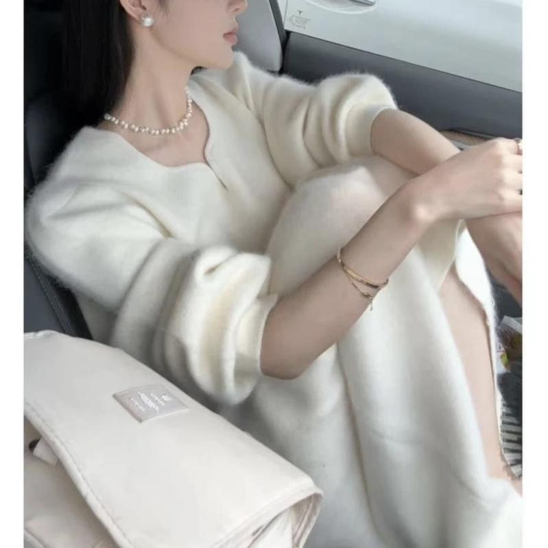 ワンピース レディース Vネック ニットワンピース ロング丈 ゆったり 無地 長袖 エレガント 上品 かわいい 秋冬 ピュアホワイト ブラック｜ラシャンスショップ