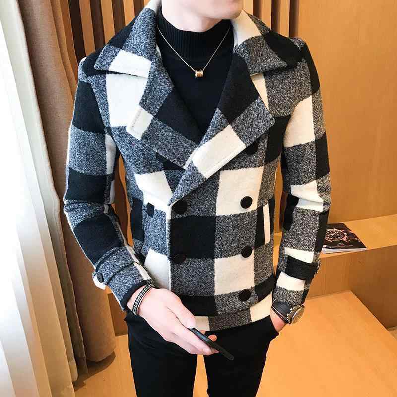 コート 男性用 ウール混紡 チェック柄 ダブルブレスト ショート丈 スリムフィット カジュアル スタイリッシュ 10代 20代｜ラシャンスショップ