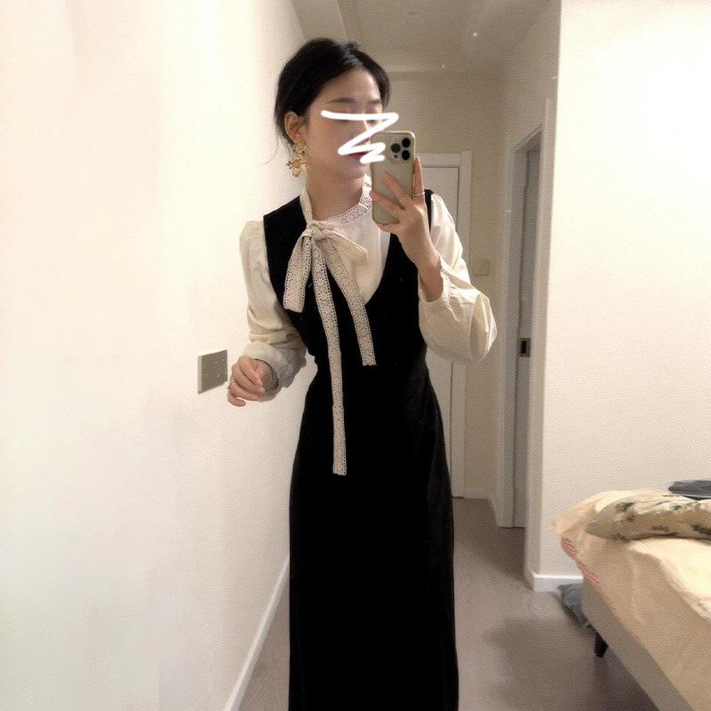 ワンピース レディース 秋冬 Aライン 膝丈 ミディ丈 長袖 ドット柄 シャツ セット TR素材 ゆったり かわいい レトロ 中国風 ブラック系|ラシャンスショップ