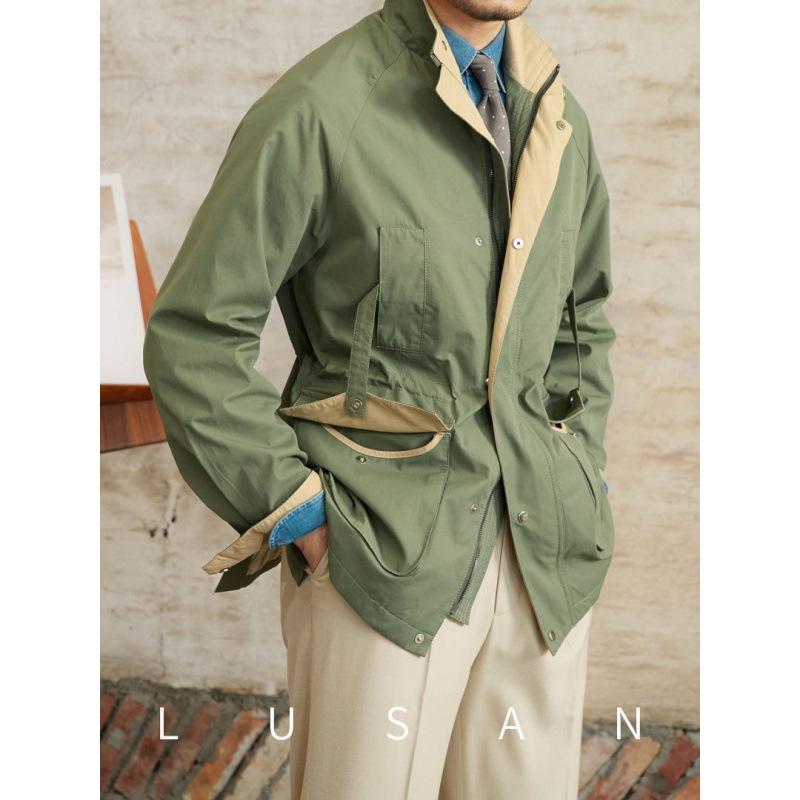 メンズ ジャケット 男性用 紳士服 レトロ ブルゾン 配色 切り替え 立襟 ゆったり 厚手 アウター カーキ色 深藍色|ラシャンスショップ